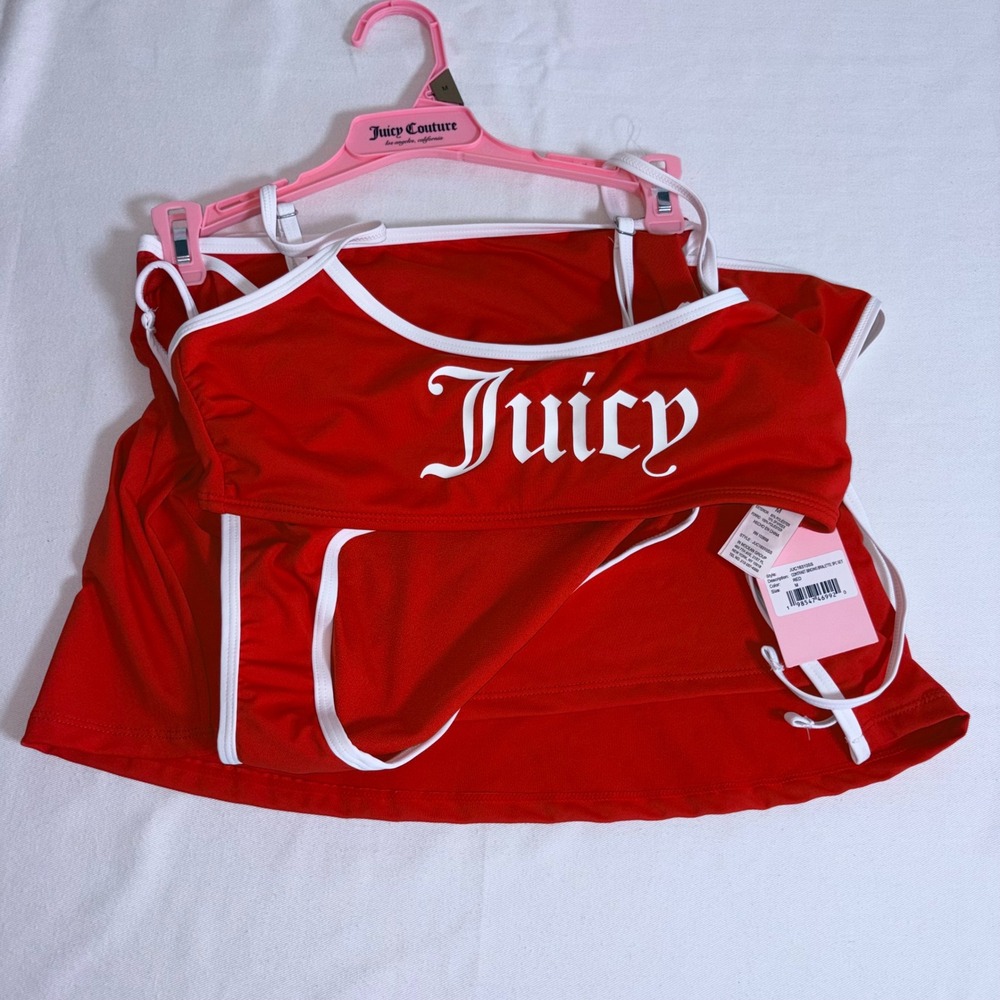 Juicy Couture Bralette bikini 3PC Set Medium Red New Contrast Binding Logo wrap